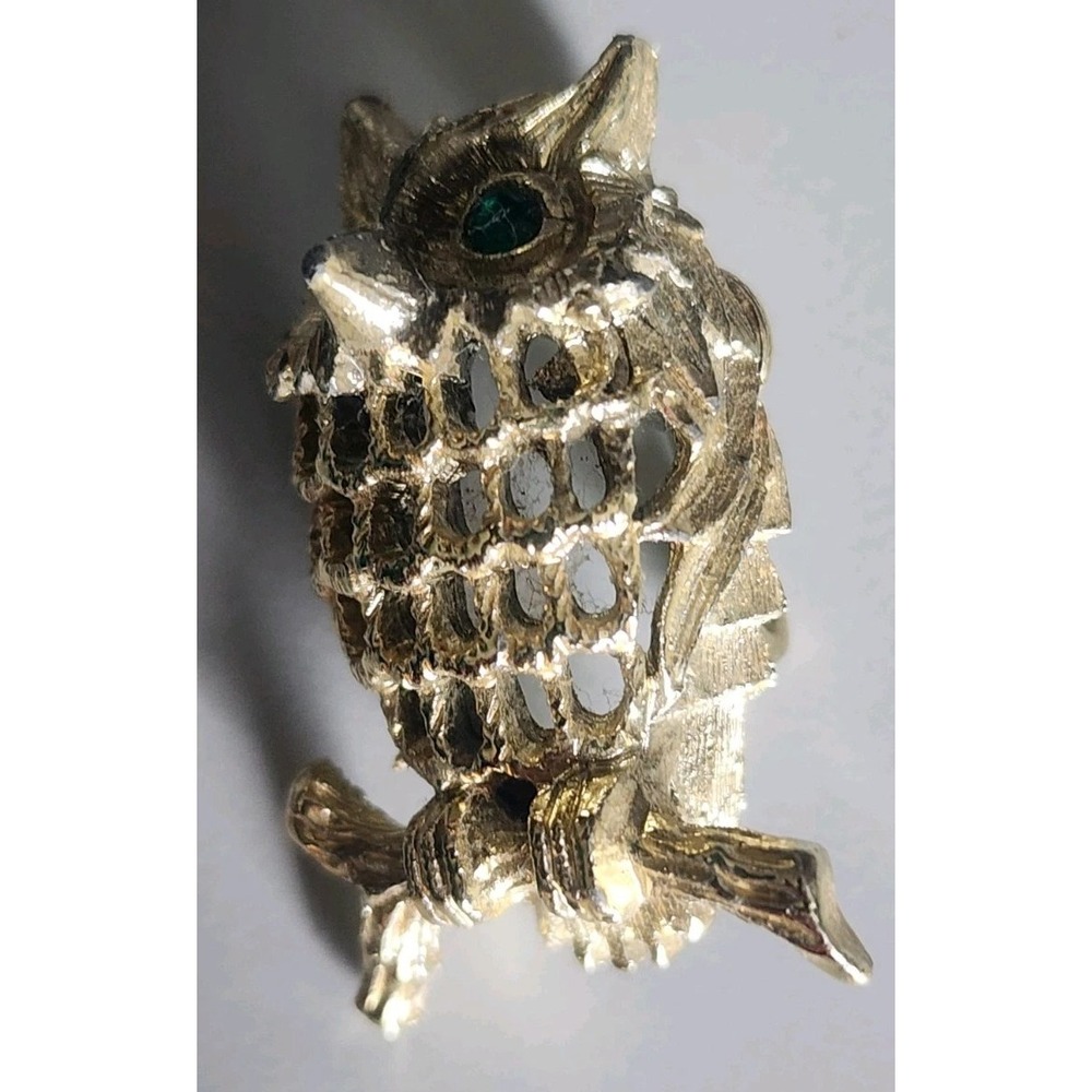 Vintage Napier GoldTone Owl Bird Green Rhinestone Eyes 1." Brooch Pin - Picture 3 of 6